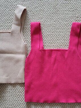 Set of 2 Square Neck Ribbed Knit Tank Tops Pink & Beige Sz S